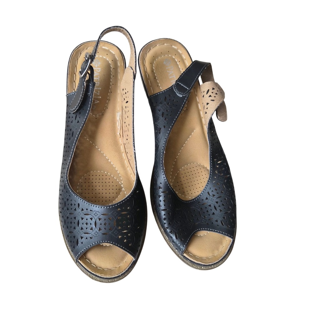 Patrizia by Spring Step Megann Black Laser Cut Slingback Peep Toe Sandals 38